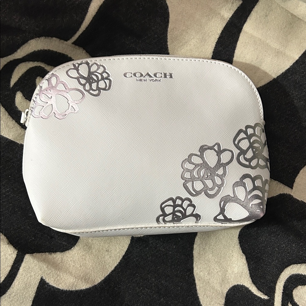 Coach White Floral Cosmetic Pouch with Silver Accents